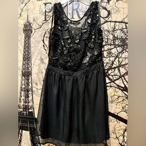 EUC black lace mesh lace sequined knee length midi dress a line sheer